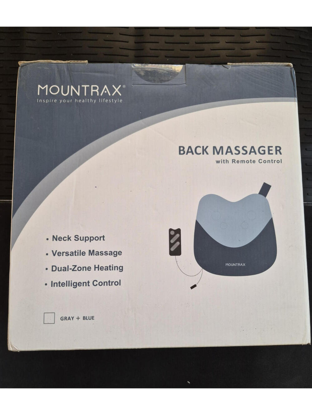 Mountrax BM-001 Back Massager Gray Blue Dual-Zone Heating Remote Neck Support